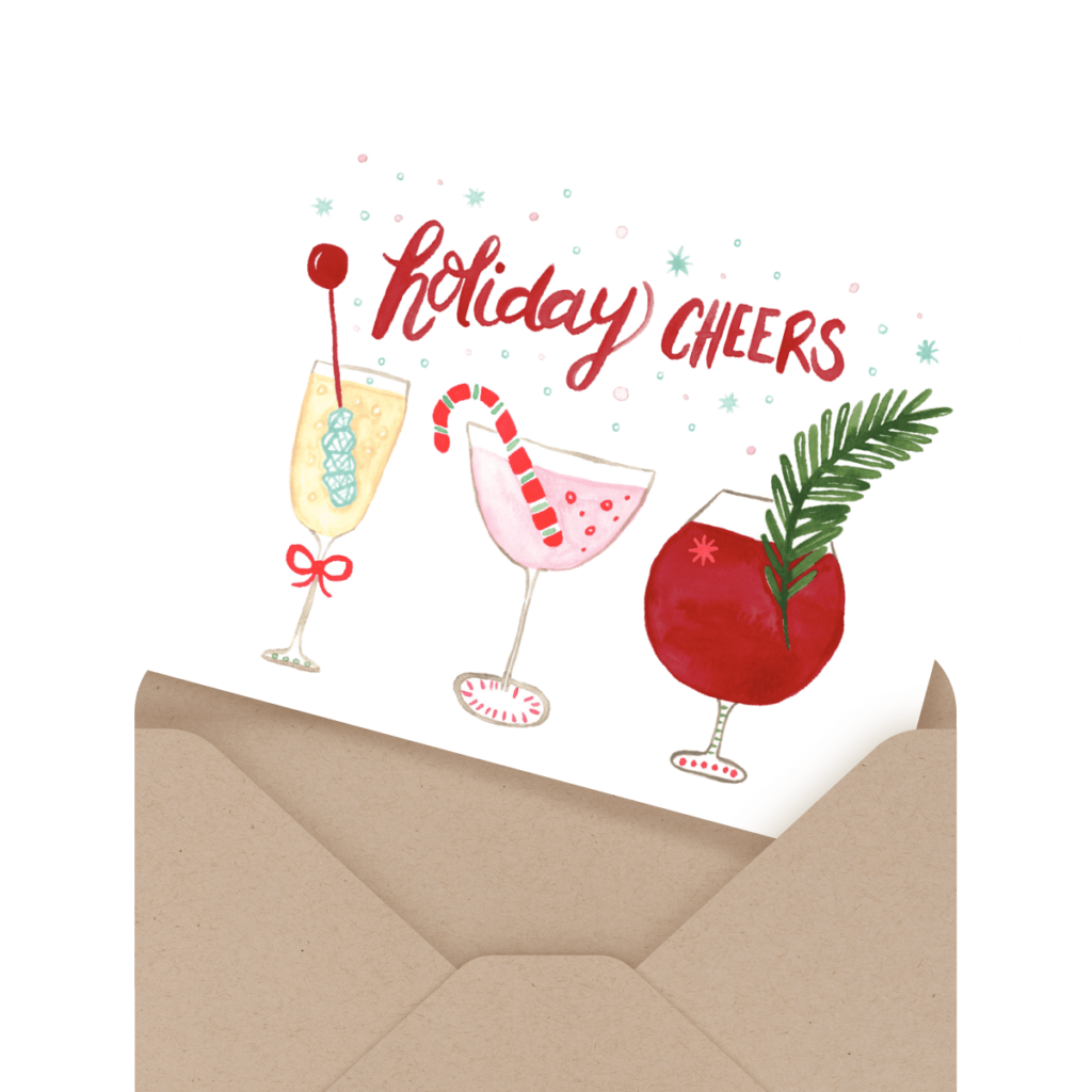 Illustrated holiday card with "Holiday Cheers" text and three festive drinks inside an open envelope.