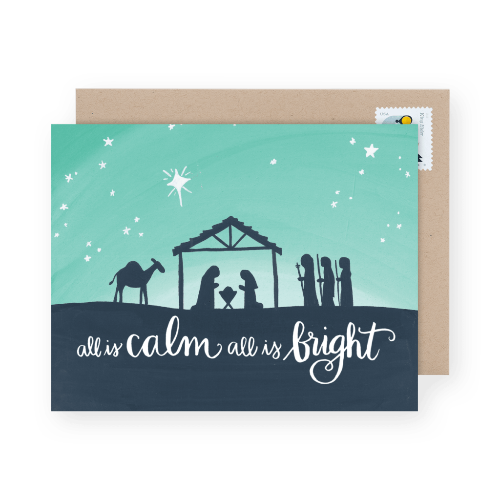 Nativity scene illustration with a starry sky. Includes silhouettes of a stable, figures, and a camel. Text reads: "all is calm all is bright.